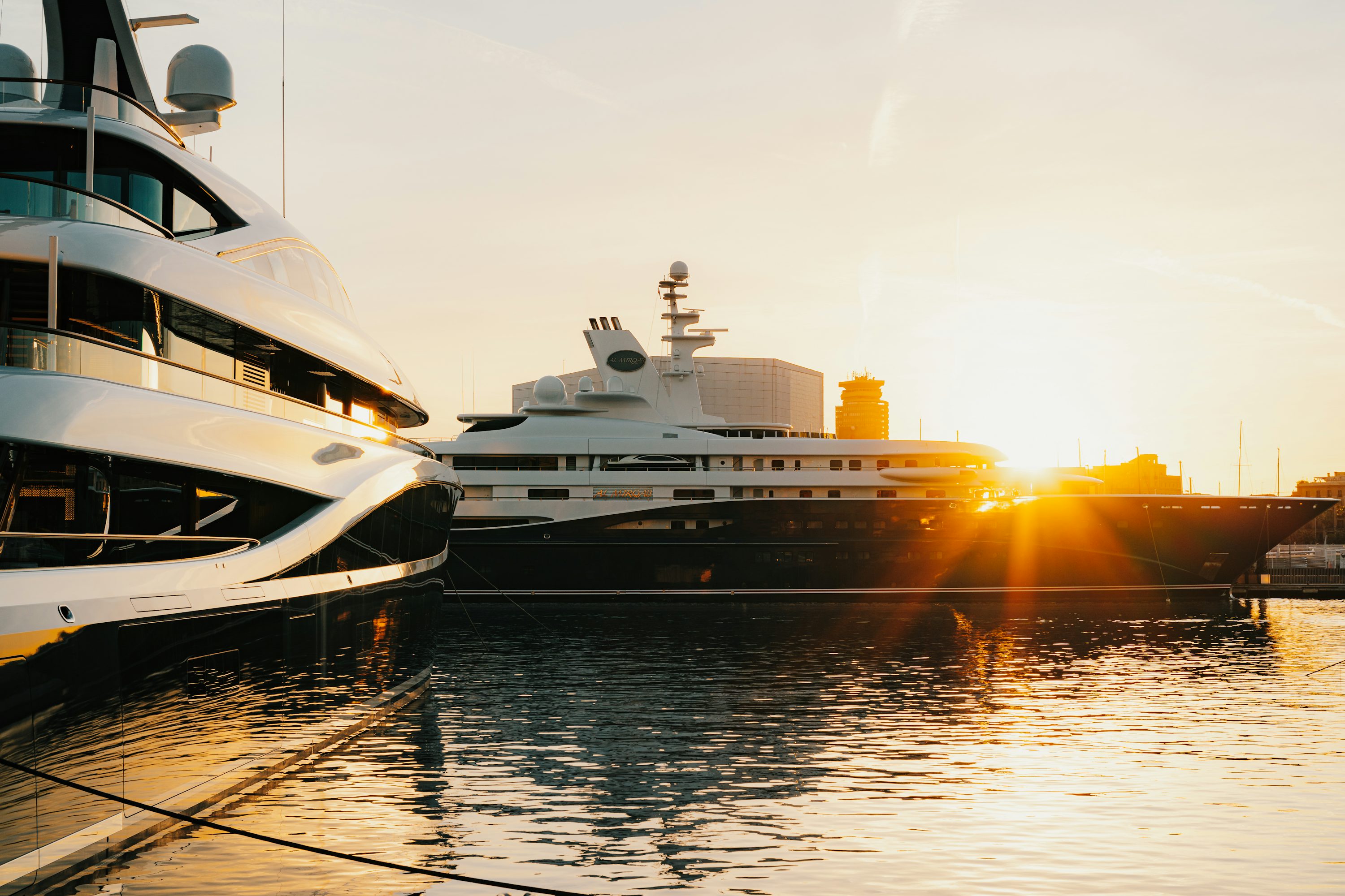 Luxury yachts at sunset